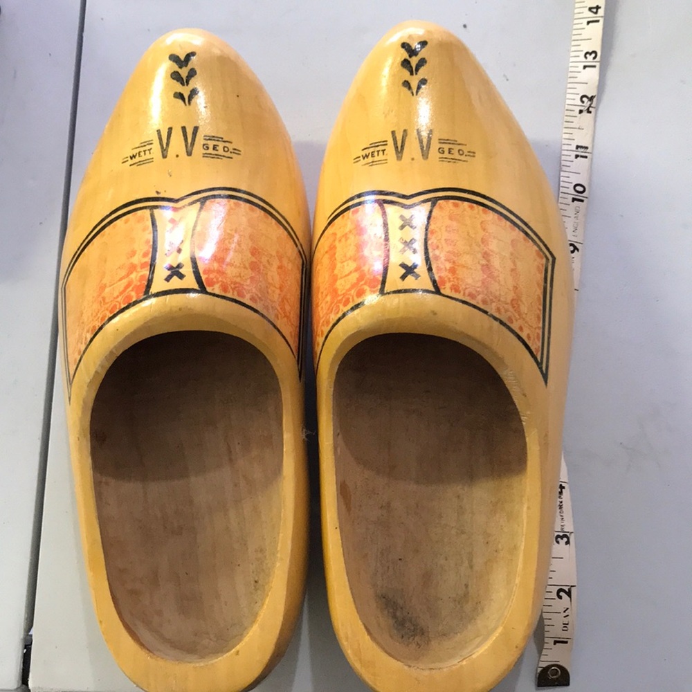 Klompen wooden shoes, painted and sealed. 13 inches long.